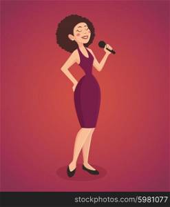 Singer Woman Illustration . Singer woman wearing a dress singing a song with a microphone cartoon vector illustration