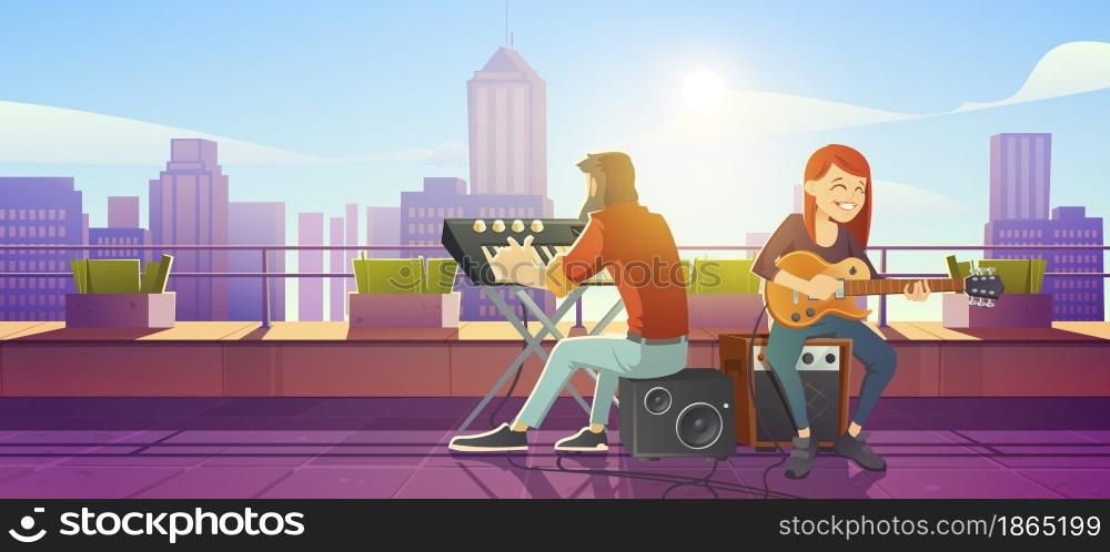 Singer woman playing guitar on building roof perform live music. Girl artist singing song, man playing synthesizer accompany musical composition, rooftop performance, Cartoon vector illustration. Singer woman playing guitar on building rooftop