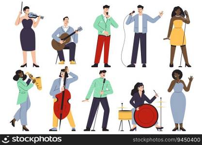 Singers and musicians characters. Cartoon musicians and band members, jazz and rock musicians playing instruments and performing. Vector set of musician and singer illustration. Singers and musicians characters. Cartoon musicians and band members, jazz and rock musicians playing instruments and performing. Vector set