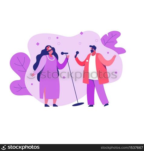 Singers man and woman with a microphone made in cartoon style. Popular pop art design, concert, club singing, performance, show, party .Vector graphic on an isolated white background. Singers man and woman with a microphone