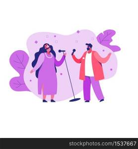 Singers man and woman with a microphone made in cartoon style. Popular pop art design, concert, club singing, performance, show, party .Vector graphic on an isolated white background. Singers man and woman with a microphone