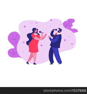 Singers man and woman with microphones on stage. The concept of a concert, pop party, musical vocal duet, performers of musical numbers and musicals.. Singers man and woman with microphones on stage