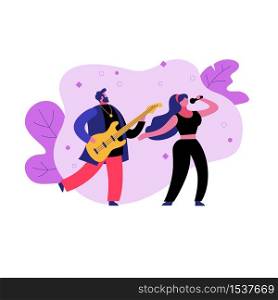 Singers man with a guitar and a woman with a microphone on stage. The concept of a jazz concert, pop party, musical vocal duet, performers of musical numbers and musicals.. Singers man with a guitar and a woman with a microphone on stage