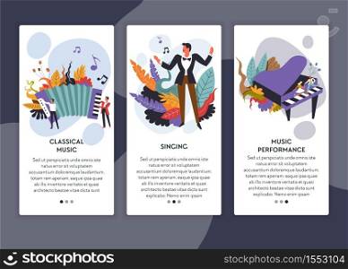 Singing and classical music performance web pages templates vector harmonic musical instrument male singer and piano live sound concert online tickets order musicians and vocalist Internet site. Classical music performance and singing web pages templates