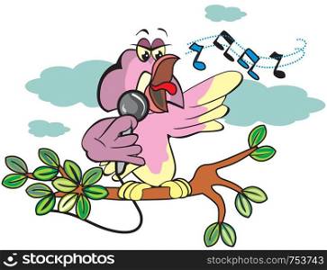 Singing bird, on a tree branch holding a microphone, vector illustration