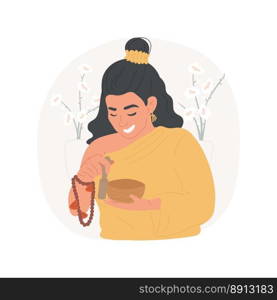 Singing bowls isolated cartoon vector illustration. Woman wearing traditional costume holding singing bowls in hands, religious Holy days, spiritual observances and practices vector cartoon.. Singing bowls isolated cartoon vector illustration.