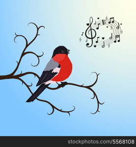 Singing bullfinch bird on a tree branch vector illustration