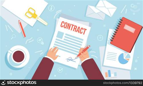 Singing Business Contract, Making Official Agreement or Statement, Bank Loan Approval, Getting Insurance Trendy Flat Vector Concept. Businessman Writing Signature on Contract Document Illustration