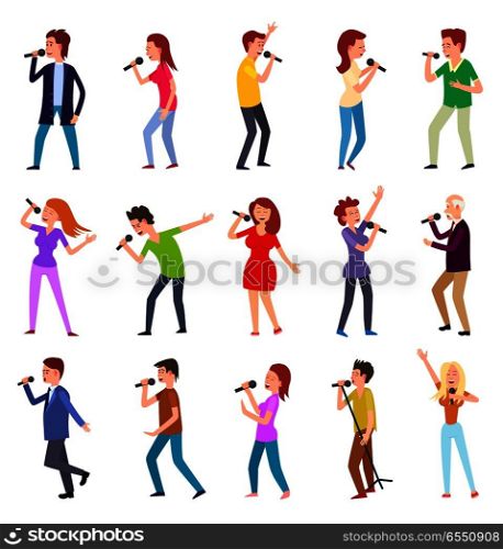 Singing characters isolated on white. Man and woman entertain by singing. Famous pop singers. Karaoke concept. People set with microphones. Popular rock singer singing songs. Vector illustration. Singing Characters Isolated. Man Woman Entertain