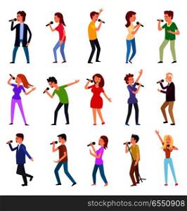 Singing characters isolated on white. Man and woman entertain by singing. Famous pop singers. Karaoke concept. People set with microphones. Popular rock singer singing songs. Vector illustration. Singing Characters Isolated. Man Woman Entertain