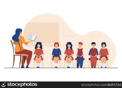 Singing coach teaching group of children. Music teacher, choir of kids in classroom flat vector illustration. Music lesson, education, hobby concept for banner, website design or landing web page