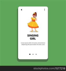 Singing Girl In Microphone, Karaoke Party Vector. Singing Girl Singer In Elegant Dress Performing Song With Mic Electronic Gadget. Character Young Woman Performer Web Flat Cartoon Illustration. Singing Girl In Microphone, Karaoke Party Vector