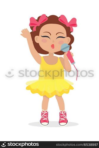 Singing Girl with Bows on Head. Little Singer.. Singing girl with brown wavy hair and two bows on head. Little singer. Nice female person sing with closed eyes. Simple cartoon style. Young singer avatar user pic. Flat design. Vector illustration