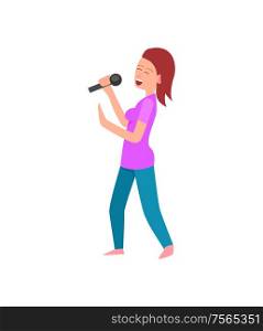 Singing lady holding microphone woman with mike vector. Musician entertaining people, personage with mic, hobby of female performers song on stage. Singing Lady Holding Microphone Woman with Mike