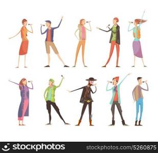 Singing People Karaoke Set. Set of ten flat isolated people characters at karaoke group party with microphones and colorful costumes vector illustration