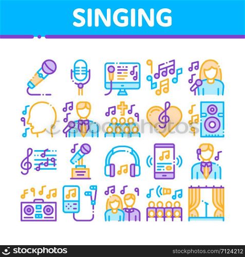 Singing Song Collection Elements Vector Icons Set. Singer And Musical Notes, Microphone And Headphones, Concert, Opera And Singing In Karaoke Concept Linear Pictograms. Color Contour Illustrations. Singing Song Collection Elements Vector Icons Set