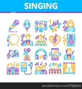 Singing Song Collection Elements Vector Icons Set. Singer And Musical Notes, Microphone And Headphones, Concert, Opera And Singing In Karaoke Concept Linear Pictograms. Color Contour Illustrations. Singing Song Collection Elements Vector Icons Set