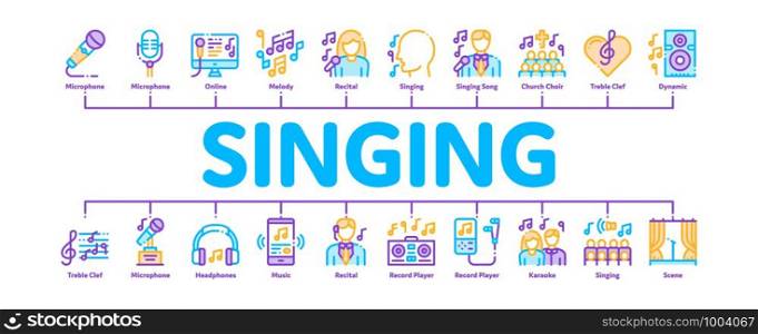 Singing Song Minimal Infographic Web Banner Vector. Singer And Musical Notes, Microphone And Headphones, Concert, Opera And Singing In Karaoke Concept Linear Pictograms. Contour Illustrations. Singing Song Minimal Infographic Banner Vector