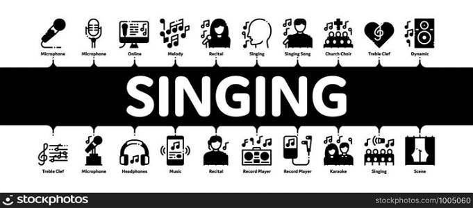 Singing Song Minimal Infographic Web Banner Vector. Singer And Musical Notes, Microphone And Headphones, Concert, Opera And Singing In Karaoke Concept Linear Pictograms. Contour Illustrations. Singing Song Minimal Infographic Banner Vector
