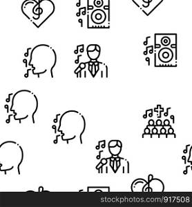Singing Song Seamless Pattern Vector Linear Pictograms. Black Contour Illustrations. Singing Song Seamless Pattern Vector