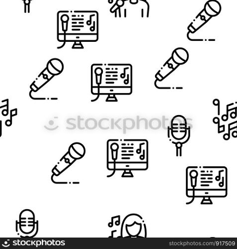 Singing Song Seamless Pattern Vector Linear Pictograms. Black Contour Illustrations. Singing Song Seamless Pattern Vector