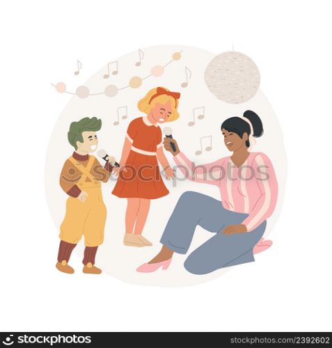 Singing with children isolated cartoon vector illustration Karaoke Birthday celebration, children in fun costumes and wigs, holding microphone, disco party, singing entertainer vector cartoon.. Singing with children isolated cartoon vector illustration
