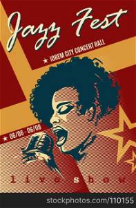 Singing woman with microphone. Jazz festival design template in retro style. Vector illustration.