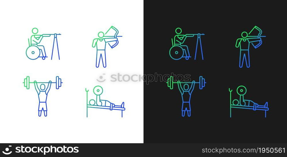Single adaptive contests gradient icons set for dark and light mode. Sportsman with disability. Thin line contour symbols bundle. Isolated vector outline illustrations collection on black and white. Single adaptive contests gradient icons set for dark and light mode