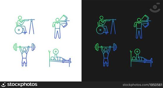 Single adaptive contests gradient icons set for dark and light mode. Sportsman with disability. Thin line contour symbols bundle. Isolated vector outline illustrations collection on black and white. Single adaptive contests gradient icons set for dark and light mode