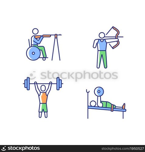 Single adaptive contests RGB color icons set. Athletic activities. Single sports. Sportsman with physical disability. Isolated vector illustrations. Simple filled line drawings collection. Single adaptive contests RGB color icons set