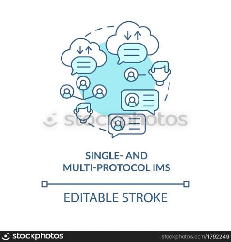 Single and multi protocol IM blue concept icon. Online platform services for texting. Messaging software abstract idea thin line illustration. Vector isolated outline color drawing. Editable stroke. Single and multi protocol IM blue concept icon