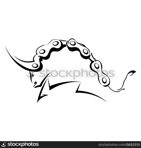 Single black silhouette of a horned, angry bull on a white background. Bullfighting. Logo, trademark farm. Vector illustration.