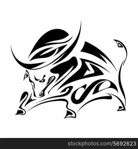 Single black silhouette of a horned, angry bull on a white background. Logo, trademark farm. Vector illustration.