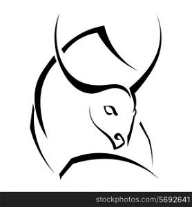 Single black silhouette of a horned bull on a white background. Logo, trademark farm. Vector illustration.&#xA;