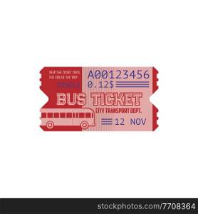 Single bus ticket on city transport isolated retro coupon template. Vector date, time and control number perforation, perforated carton card. Public transport vintage one way or single trip ticket. Ticket on bus paper cardboard coupon isolated card