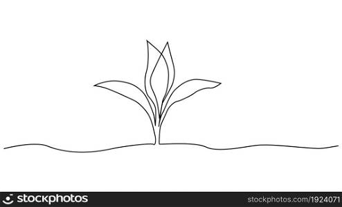 Single continuous line art growing sprout. Plant leaves seed grow soil seedling eco natural farm concept design one sketch outline drawing. Single continuous line art growing sprout. Plant leaves seed grow soil seedling eco natural farm concept design