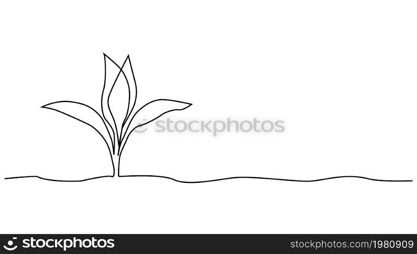 Single continuous line art growing sprout. Plant leaves seed grow soil seedling eco natural farm concept design one sketch outline drawing. Single continuous line art growing sprout. Plant leaves seed grow soil seedling eco natural farm concept design