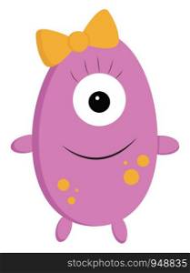 Single eye purple monster with a small cute bow, vector, color drawing or illustration.