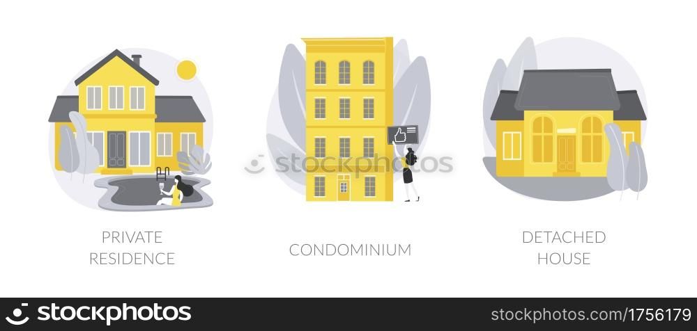 Single family home abstract concept vector illustration set. Private residence, condominium, detached house, land ownership, real estate market, stand-alone household, appartment abstract metaphor.. Single family home abstract concept vector illustrations.