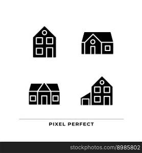 Single family houses black glyph icons set on white space. Affordable property. Two storey home. Real estate agency. Silhouette symbols. Solid pictogram pack. Vector isolated illustration. Single family houses black glyph icons set on white space