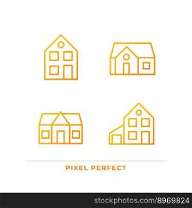 Single family houses pixel perfect gradient linear vector icons set. Affordable property. Two storey home. Thin line contour symbol designs bundle. Isolated outline illustrations collection. Single family houses pixel perfect gradient linear vector icons set