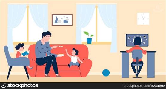 Single father care children at home. Dad feeds baby, teenager play computer game and little girl read. Parenthood, parent with kids recent vector scene. Illustration of family parenthood. Single father care children at home. Dad feeds baby, teenager play computer game and little girl read. Parenthood, parent with kids recent vector scene