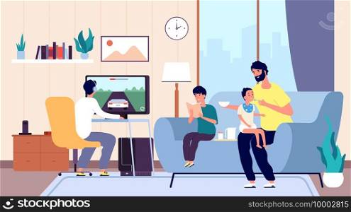 Single father. Happy dad spending time together with children leisure scene. Feeding and reading book, playing computer game vector concept. Illustration father parenthood with kids feed and play. Single father. Happy dad spending time together with children leisure scene. Feeding and reading book, playing computer game vector concept