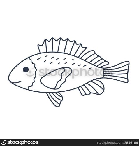 Single fish with beautiful fins doodle style. Sea or river fish black outline on white background. Underwater inhabitant vector illustration. Single fish with beautiful fins doodle style