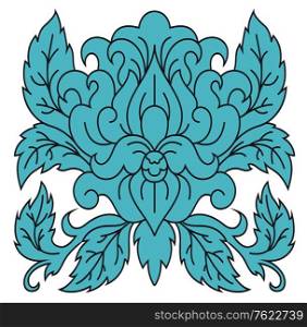 Single floral and foliate arabesque with an intricate design in blue suitable for a damask style pattern, isolated on white