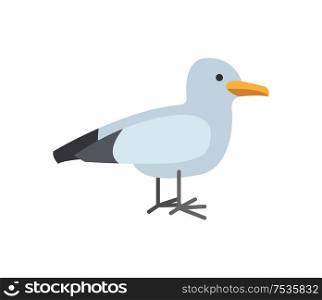 Single grey seagull isolated on white. Stylized nautical animal emblem. Standing little bird with black and white plumage vector in flat style illustration. Stylized Nautical Little Seagull Emblem Vector