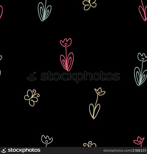 Single line drawn dark seamless pattern with tulips and butterflies. Perfect for T-shirt, textile and print. Doodle vector illustration for decor and design.