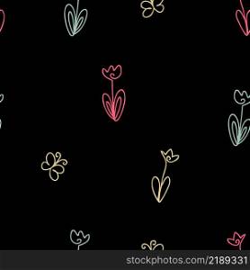 Single line drawn dark seamless pattern with tulips and butterflies. Perfect for T-shirt, textile and print. Doodle vector illustration for decor and design.