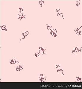 Single line drawn seamless pattern with flowers and berries. Perfect for T-shirt, postcard, party invitation and print. Doodle vector illustration for decor and design.