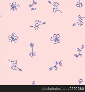 Single line drawn seamless pattern with flowers and butterflies. Perfect for T-shirt, textile and print. Doodle vector illustration for decor and design.